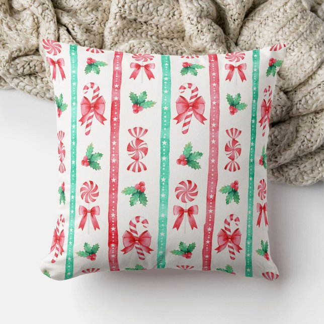 Waterverf rood + groene strepen snoepriet kussen (Watercolor Red + Green Stripes and Christmas Candy Throw Pillow)