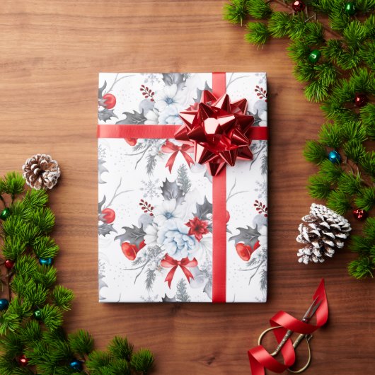 Waterverf rood ijsblauw kerstpatroon cadeaupapier (Feestdagen Geschenken)