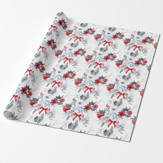 Waterverf rood ijsblauw kerstpatroon cadeaupapier (Uitgerold)