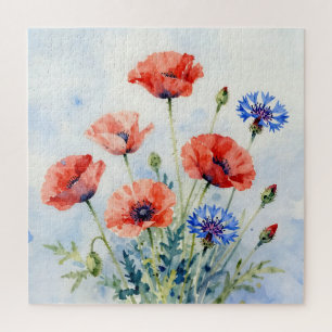 Waterverf Rood Klaproos Blauwe Korenbloem Boeket Legpuzzel