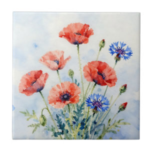 Waterverf Rood Klaproos Blauwe Korenbloem Boeket Tegeltje