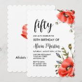 Waterverf Rood Klaproos Groen Vijftig Verjaardag Kaart (Voorkant / Achterkant)