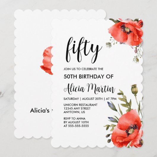 Waterverf Rood Klaproos Groen Vijftig Verjaardag Kaart (Voorkant / Achterkant)