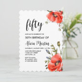 Waterverf Rood Klaproos Groen Vijftig Verjaardag Kaart (Staand voorkant)