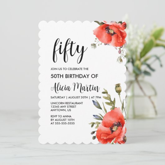 Waterverf Rood Klaproos Groen Vijftig Verjaardag Kaart (Staand voorkant)