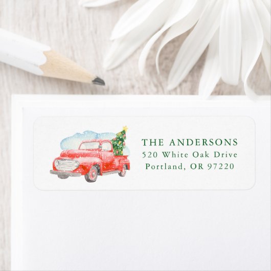 Waterverf Rood Pickup Vrachtwagen Kerst Etiket (Insitu)