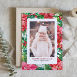 Waterverf Rood Poinsettias Verticale foto Feestdagen Kaart<br><div class="desc">Vrolijk kerstfeest! Stuur kerstcadeautjes naar familie en vrienden met deze kerstkaart met de florale titel. Het bevat illustraties van de waterverf of rode en roze punsettias,  bessen en groen. Personaliseer door een foto,  namen en bericht toe te voegen.</div>