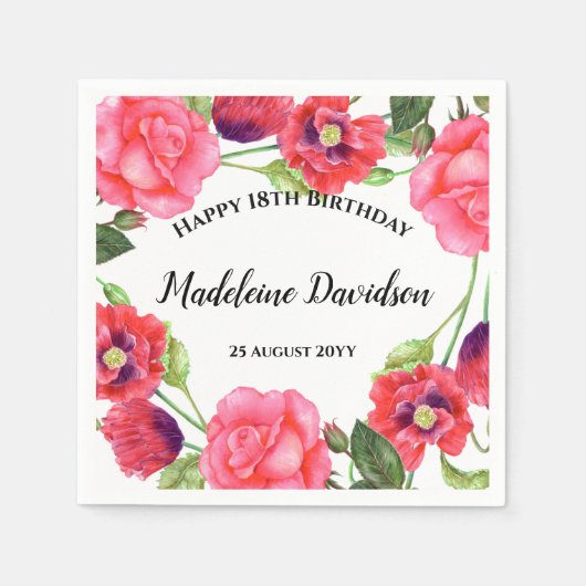 Waterverf Rood Poppies Roze Roze Rood Krans Ontwer Servet (Voorkant)