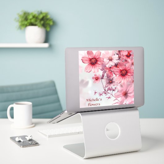 Waterverf Rood Roze Bloemen Sticker (Laptop op bureau)