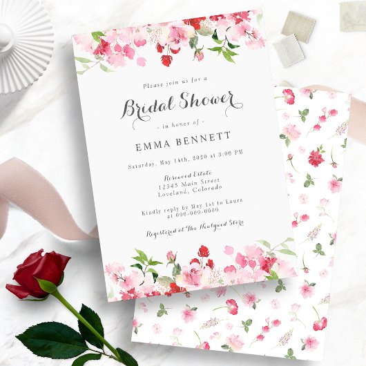 Waterverf Rood Roze Bloemige Bruiloftsdouche Kaart