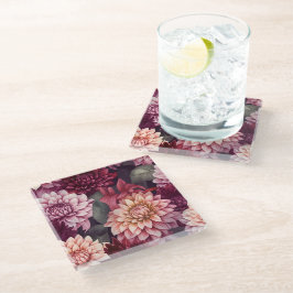 Waterverf Rood Roze Dahlia Patroon Ontwerp Glazen Onderzetter