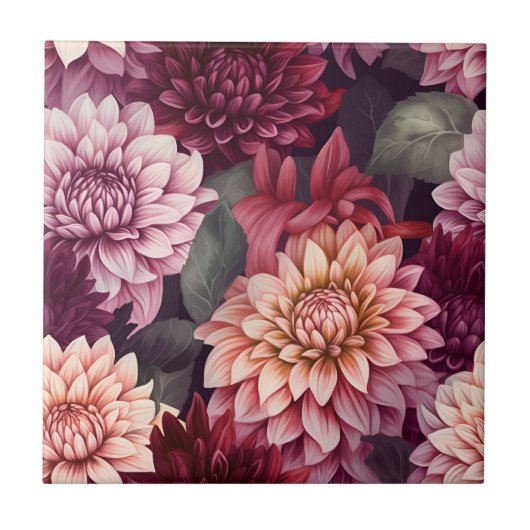 Waterverf Rood Roze Dahlia Patroon Ontwerp Tegeltje (Voorkant)