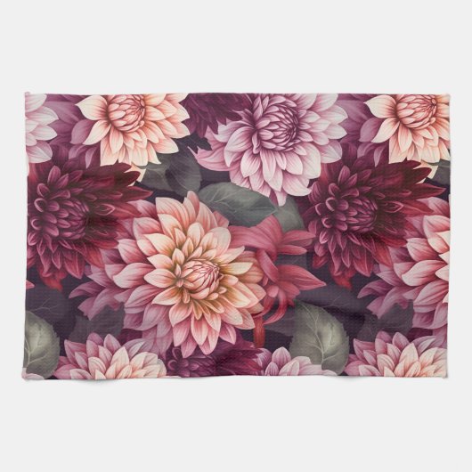 Waterverf Rood Roze Dahlia Patroon Ontwerp Theedoek (Horizontaal)