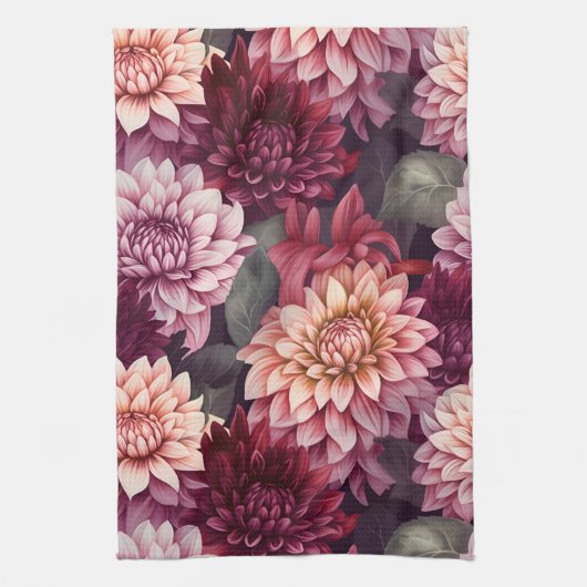 Waterverf Rood Roze Dahlia Patroon Ontwerp Theedoek (Verticaal)