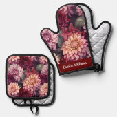 Waterverf Rood Roze Dahlia Pattern Ovenwant & Pannenlap Set (Voorkant / Achterkant)