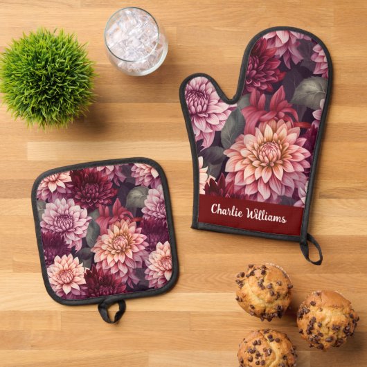 Waterverf Rood Roze Dahlia Pattern Ovenwant & Pannenlap Set (Top down)
