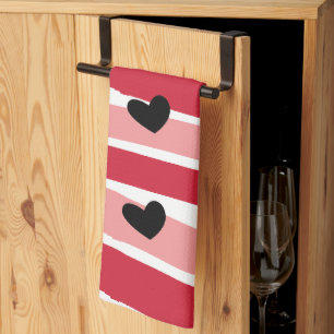 Waterverf Rood Roze Strepen Zwarte Harten Patroon Theedoek
