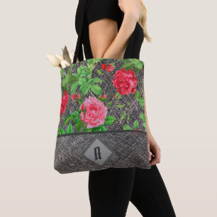 Waterverf Rood rozen Grijze linnen Initiaal Tote Bag