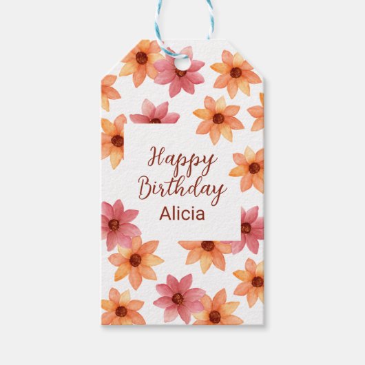 Waterverf Rood Sinaasappel Herfstbloem Verjaardag  Cadeaulabel (Voorkant)