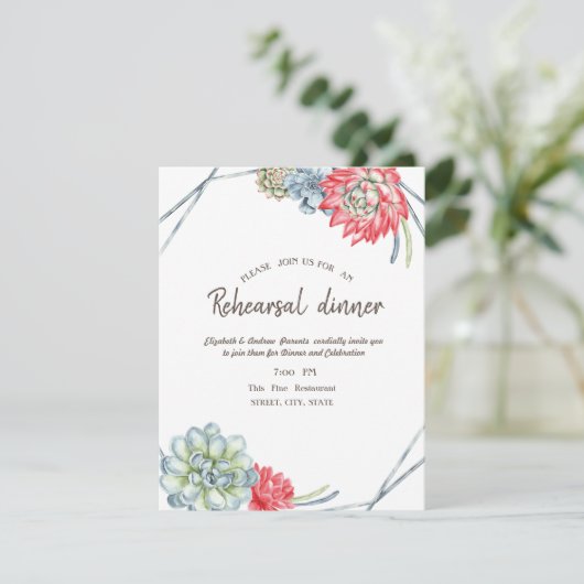 Waterverf Rood Succulent Rehearsal Dinner Kaart (Staand voorkant)