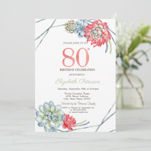 Waterverf Rood Succulenten 80e verjaardag Kaart (Staand voorkant)