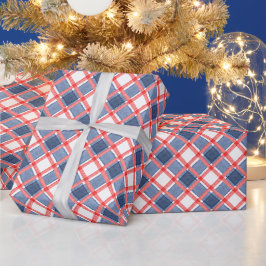 Waterverf rood wit & blauw geruit cadeaupapier