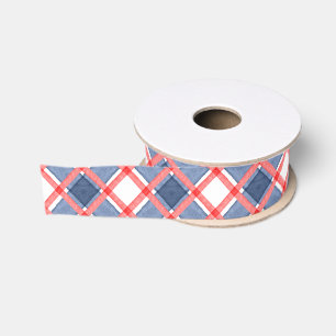 Waterverf rood wit & blauw geruit grosgrain lint