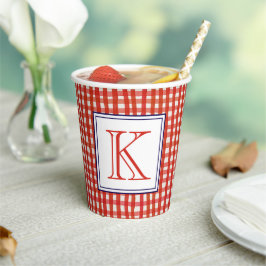 Waterverf Rood Wit & Blauw Gingham Monogram Papieren Bekers