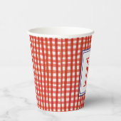 Waterverf Rood Wit & Blauw Gingham Monogram Papieren Bekers (Rechts)