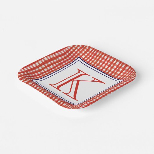 Waterverf Rood Wit & Blauw Gingham Monogram Papieren Bordje (Gebogen)