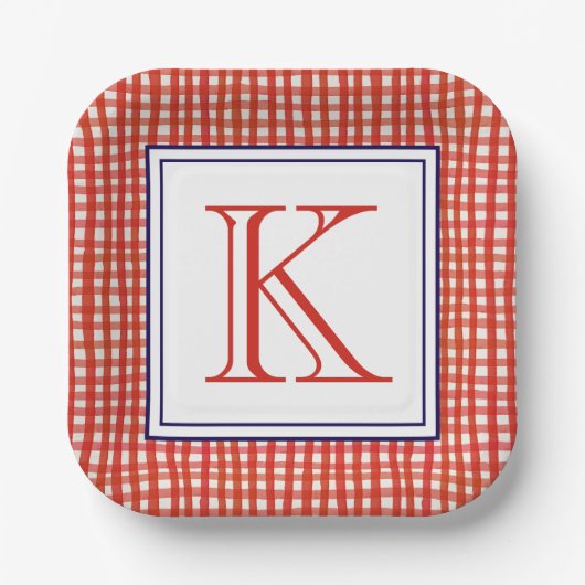 Waterverf Rood Wit & Blauw Gingham Monogram Papieren Bordje (Voorkant)