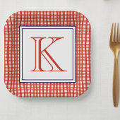Waterverf Rood Wit & Blauw Gingham Monogram Papieren Bordje