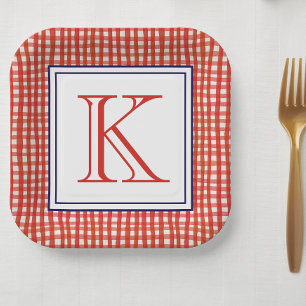 Waterverf Rood Wit & Blauw Gingham Monogram Papieren Bordje