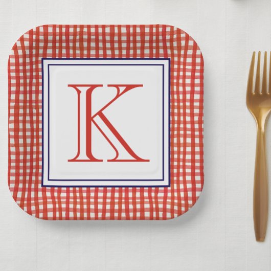 Waterverf Rood Wit & Blauw Gingham Monogram Papieren Bordje