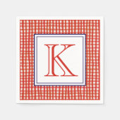 Waterverf Rood Wit & Blauw Gingham Monogram Servet (Voorkant)