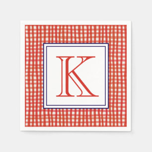 Waterverf Rood Wit & Blauw Gingham Monogram Servet