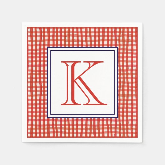 Waterverf Rood Wit & Blauw Gingham Monogram Servet (Voorkant)