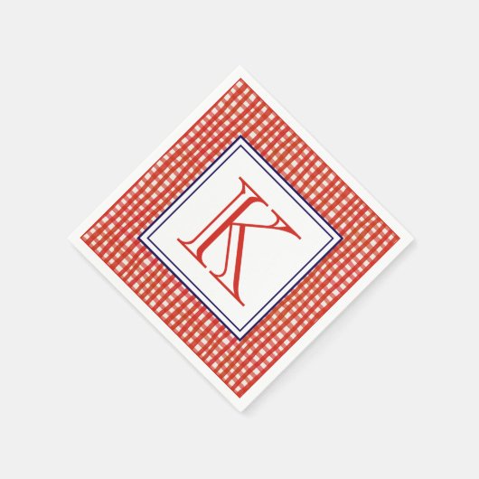 Waterverf Rood Wit & Blauw Gingham Monogram Servet (Hoek)