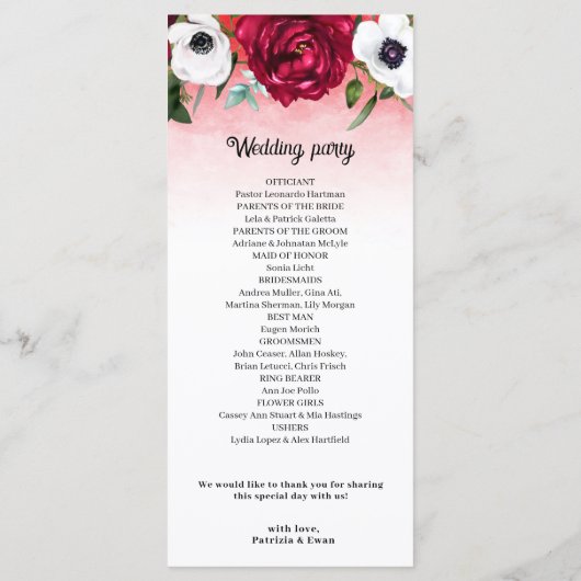 Waterverf Rood Wit Bloemen Flat Wedding programma (Achterkant)