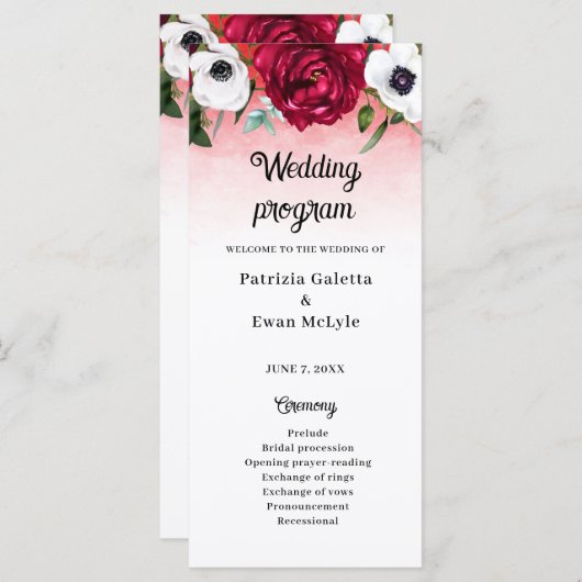 Waterverf Rood Wit Bloemen Flat Wedding programma (Voorkant / Achterkant)