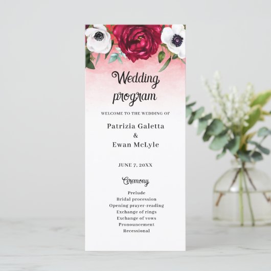 Waterverf Rood Wit Bloemen Flat Wedding programma (Staand voorkant)