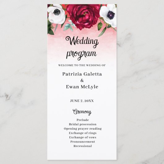 Waterverf Rood Wit Bloemen Flat Wedding programma (Voorkant)