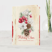 Waterverf Rood Wit Bloemen Pine Kegels Kerst Feestdagen Kaart (Voorkant)