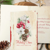 Waterverf Rood Wit Bloemen Pine Kegels Kerst Feestdagen Kaart