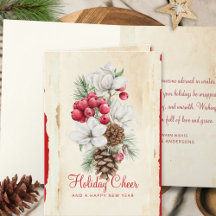 Waterverf Rood Wit Bloemen Pine Kegels Kerst