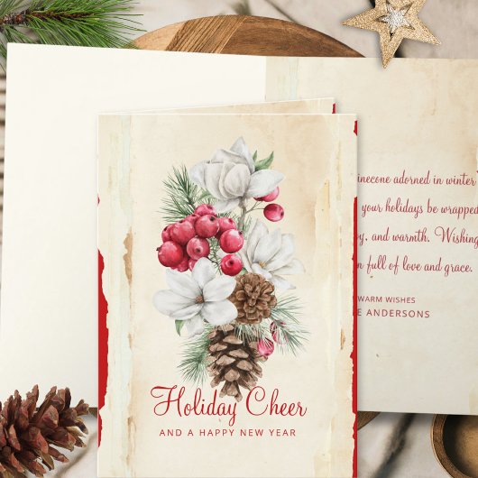 Waterverf Rood Wit Bloemen Pine Kegels Kerst Feestdagen Kaart