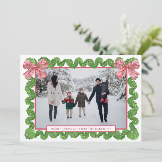 Waterverf Rood & Wit Boog Garland Foto Feestdagenkaart (Staand voorkant)