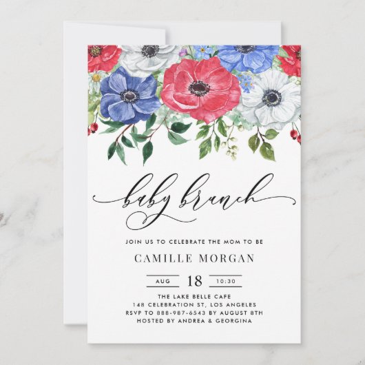 Waterverf Rood, wit en blauw Anemone Baby Brunch Kaart (Voorkant)