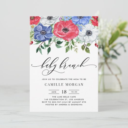 Waterverf Rood, wit en blauw Anemone Baby Brunch Kaart (Staand voorkant)