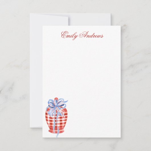 Waterverf Rood & Wit Gingham Bow Ginger Jar Bedankkaart (Voorkant)